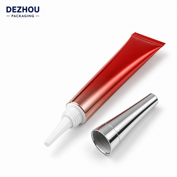 Eye cream tube with precision nozzle and decorative cap