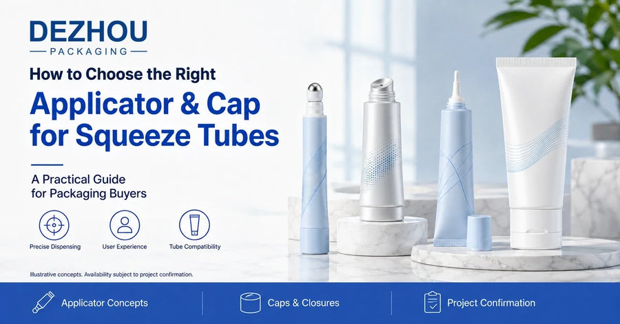 DEZHOU PACKAGING guide to squeeze tube applicators and caps, showing roller ball, compact cooling tip, precision nozzle and closed flip-top concepts