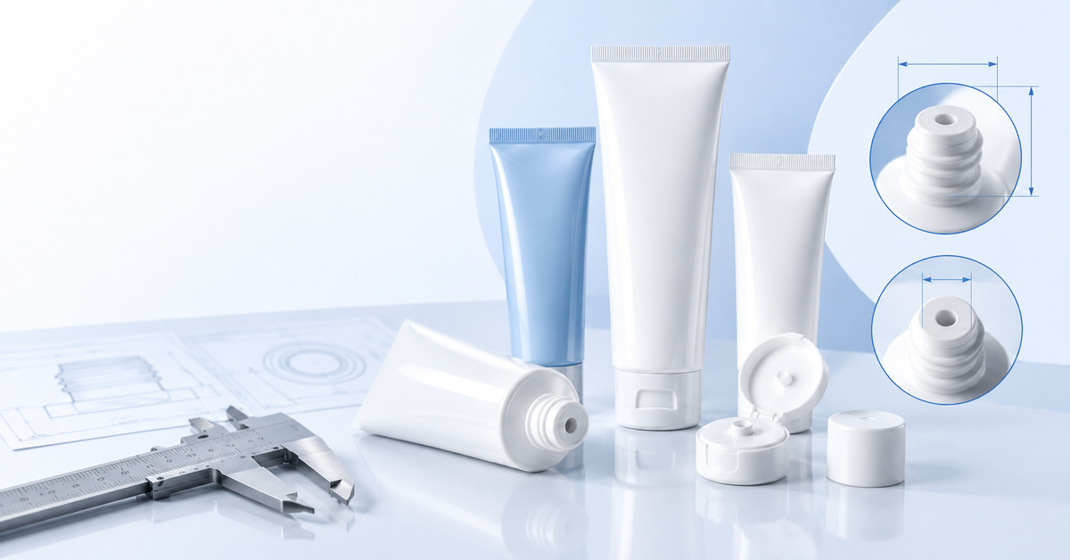 Cosmetic squeeze tubes with technical neck and thread measurement details