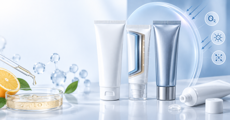 Barrier squeeze tube packaging concepts for vitamin C and serum formulas